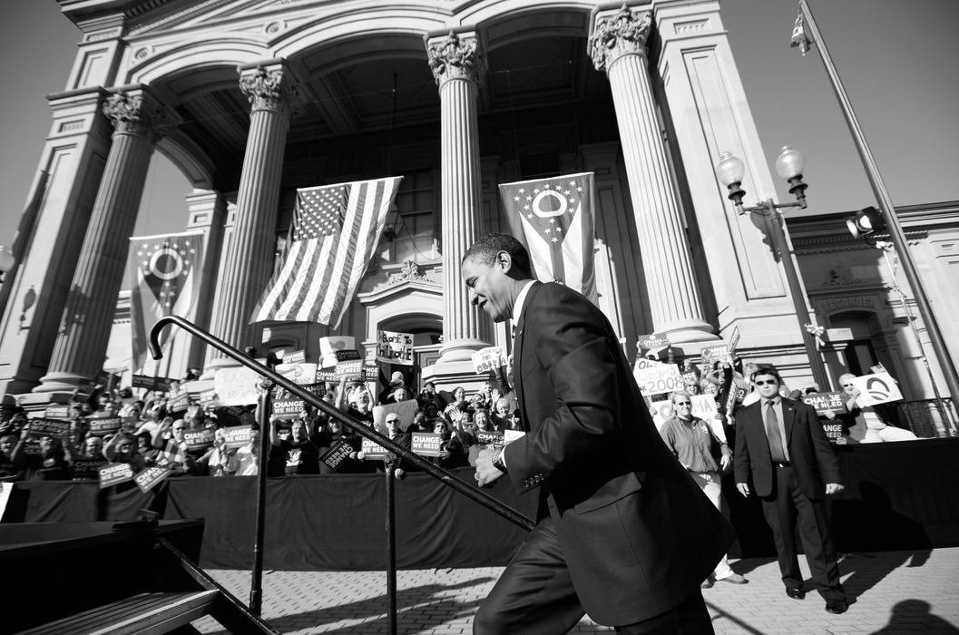 Second Place, Photographer of the Year - Michael E. Keating / Cincinnati EnquirerCandidate Barack Obama takes the stage at a mid-morning event with is usual sprint of the steps to the top of the stage. 