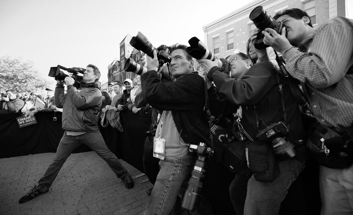 Second Place, Photographer of the Year - Michael E. Keating / Cincinnati EnquirerPhotographers jostle for position for the same photo as then nominee Sen. Barack Obama makes remarks at a rally.