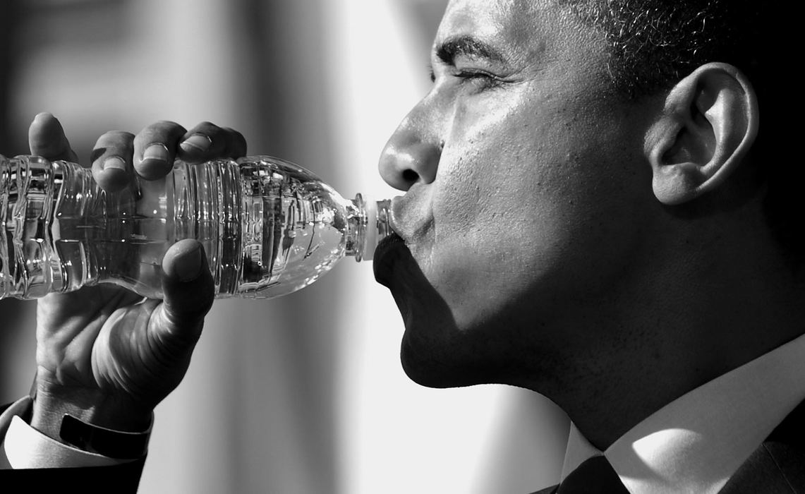 Second Place, Photographer of the Year - Michael E. Keating / Cincinnati EnquirerBarack Obama sips bottled water, without a label to avoid product placement issues, a necessity for a man who spends his entire day talking.