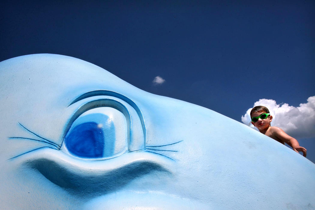 First Place, Photographer of the Year - Lisa DeJong / The Plain DealerWith alien-green goggles, four-year-old Henry Tavens of Solon climbed the stairs for the whale slide at the Solon Community Center's outdoor pool. His mother, Sheri Tavens, said Henry has been at the pool every day this summer.