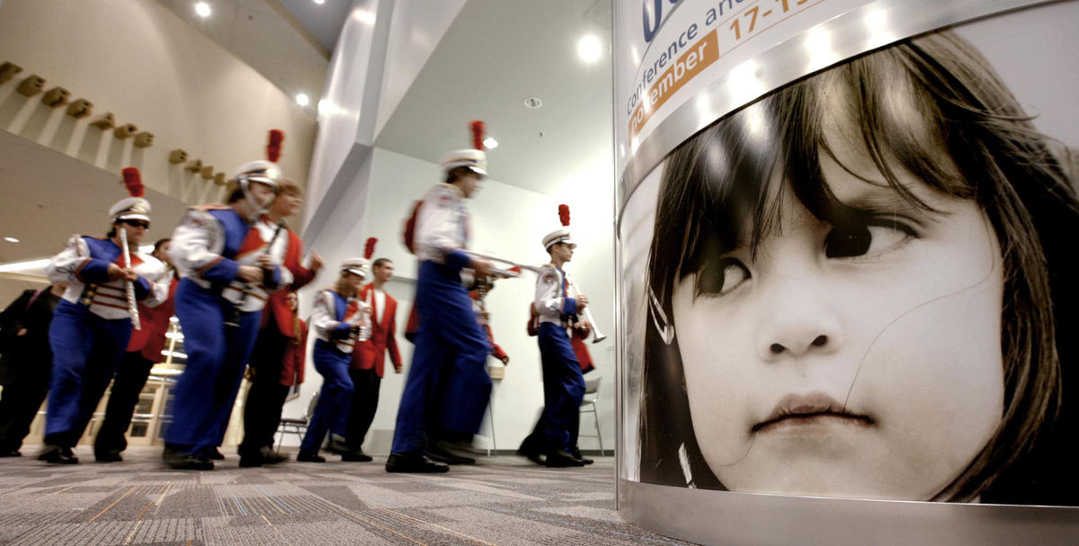 First Place, Photographer of the Year Large Market - Fred Squillante / The Columbus DispatchWith the help of marching assistants, the Ohio State School for the Blind marching band heads into an exhibition hall at the Greater Columbus Convention Center to perform at a conference.