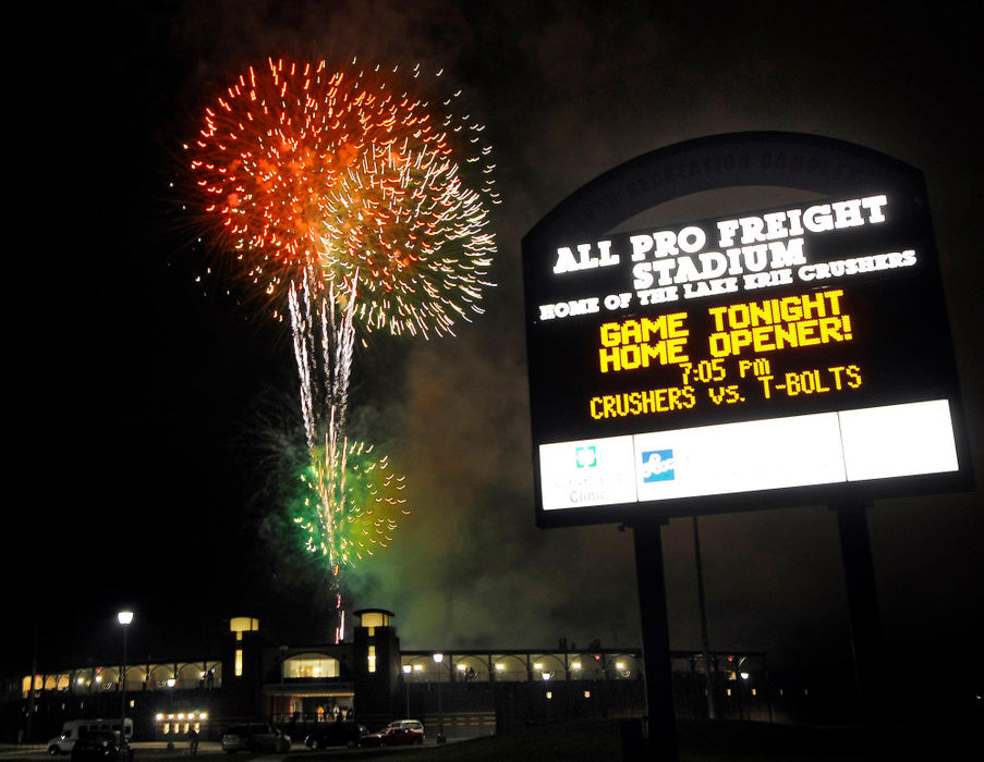 First Place, Sports Picture Story - David Richard / FreelanceThe Lake Erie Crushers won their first ever home game with a 5-2 win over Windy City at All Pro Freight Stadium and then entertained the crowd with a fireworks show.