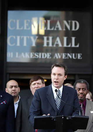 First Place, James R. Gordon Ohio Understanding Award - JOSHUA GUNTER Joshua Gunter / The Plain DealerEd FitzGerald, the Democratic nominee for Cuyahoga County executive, speaks during a rally Sept. 8 on the steps of Cleveland City Hall.  Spurred by the county corruption scandal, voters approved the new system of county government that Fitzgerald hopes to lead.