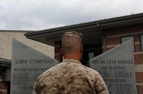 Third Place, Photographer of the Year/Large Market - Eric Albrecht / The Columbus DispatchCorporal Bryan Brumfield visits the Lima Company memorial to the soldiers  who served and died in the first tour in Iraq .