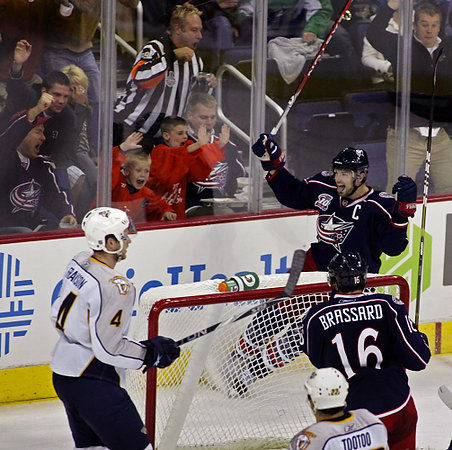 Third Place, Photographer of the Year/Large Market - Eric Albrecht / The Columbus DispatchColumbus Blue Jackets left wing Rick Nash celebrates a goal over the Nashville Predators.