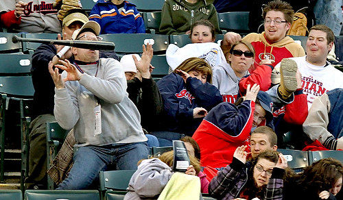 Second Place, Sports Picture Story - Chuck Crow / The Plain DealerCleveland Indians' fan Ted Grabowski gets a snootfull of a flying bat from Matt Laporta in the 2nd inning against the Chicago White Sox at Progressive Field. Grabowski had to leave the game, received over 50 stitches, but was able to keep the souvenir. 