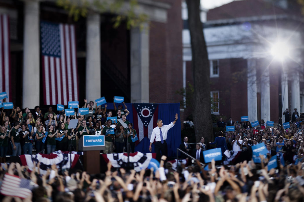Second place, Campaign 2012 - Joshua A. Bickel / Ohio UniversityPresident Barack Obama greets a crowd of about 14,000 as he takes the stage during a campaign event on the College Green at Ohio University in Athens, Ohio.