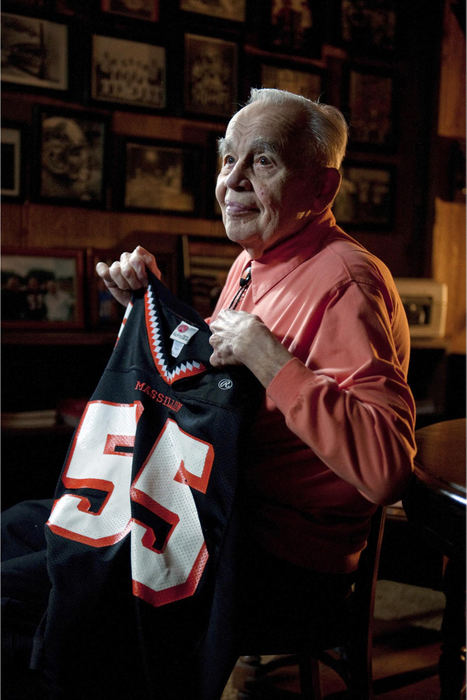 First place, James R. Gordon Ohio Understanding Award - Gary Harwood / Kent State UniversityJunie Studer holds the jersey worn by his son Steve, who died from a heart attack in 2004. Over the years, the number “55” has come to be synonymous with the Studer family and a key part of Massillon football history. Later that year, the school chose to retire jersey number 55. It is the only number in the history of Massillon football that has been retired.