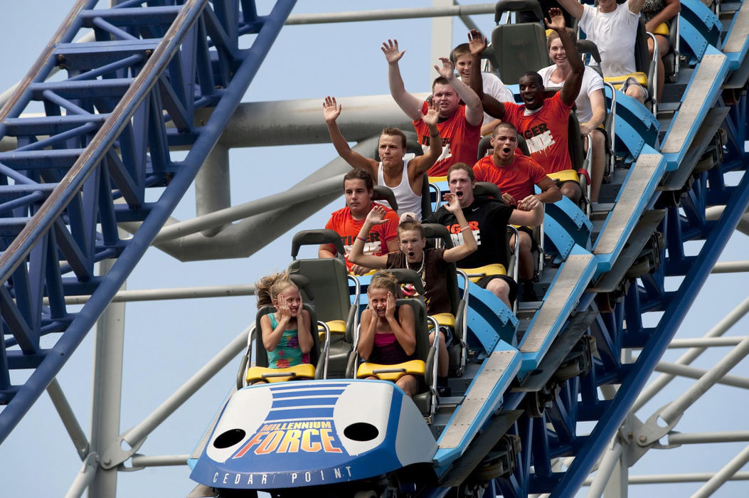 First place, James R. Gordon Ohio Understanding Award - Gary Harwood / Kent State UniversityPlayers react while riding the Millennium Force at Cedar Point in July. The day of fun and excitement was a chance for players to relax and spend time together away from football.