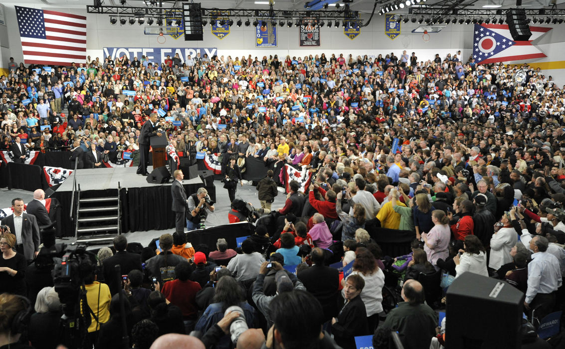 First place, Photographer of the Year - Small Market - Bill Lackey / Springfield News-SunThousands of Barack Obama supporters filled the gymnasium at Springfield High School as the president speaks during his only campaign stop in Springfield, Ohio. 