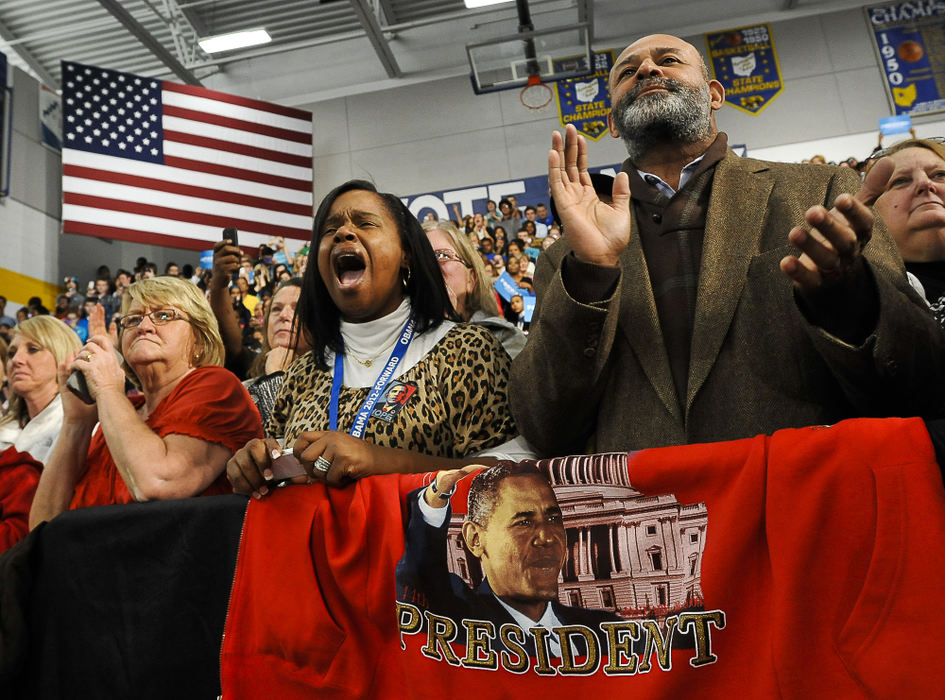 First place, Photographer of the Year - Small Market - Bill Lackey / Springfield News-SunPresident Barack Obama supporters cheer and applaud for the president as he speaks during a campaign rally at Springfield High School in Springfield, Ohio. 
