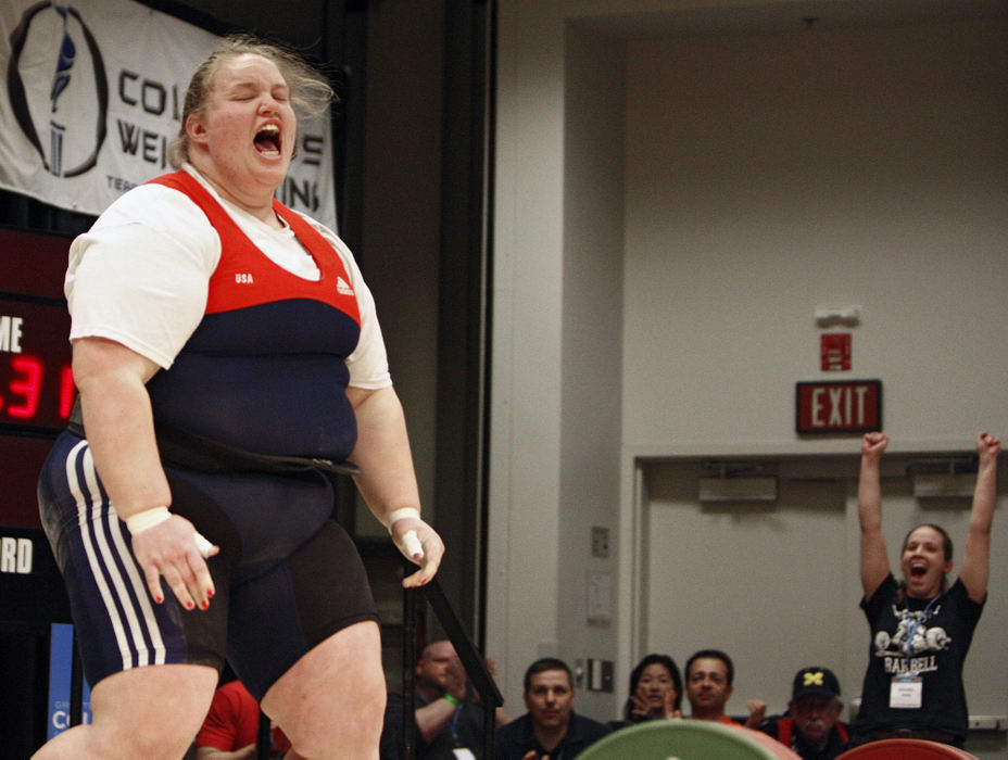 Award of Excellence, Sports Portfolio - Kyle Robertson / The Columbus DispatchHolley Mangold celebrates after completing her last Clean & Jerk and clinching a spot on the Olympic team in the 2012 Olympic Trials for Women's Weightlifting at the Greater Columbus Convention Center in Columbus, March 4, 2012.  