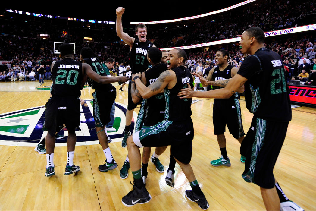 First place, Sports Portfolio - Joel Hawksley / Ohio UniversityThe Bobcats celebrate their 64-63 win over Akron for the MAC championship and a spot in the NCAA tournament at Quicken Loans Arena in Cleveland.