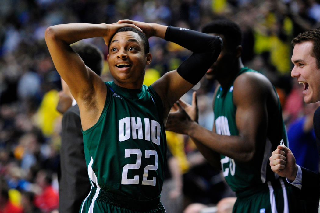 First place, Sports Portfolio - Joel Hawksley / Ohio UniversityStevie Taylor looks at the score board in disbelief as the Bobcats cruise to a 62-56 win over South Florida for a spot in the Sweet 16 at Bridgestone Arena in Nashville, Tenn. 