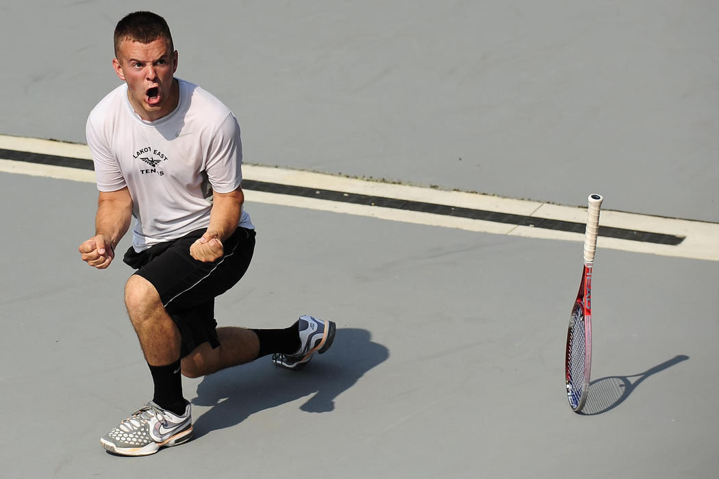 Award of Excellence, Sports Portfolio - Eamon Queeney / The Columbus DispatchLakota East's Zach Mueck reacts after defeating Perrysburg's Jeffery Schorsch 6-2, 1-6, 6-2 in the OHSAA Division I singles semifinal match at Ohio State University, Saturday afternoon, May 26, 2012. Mueck went on to lose the to win the Division I singles crown to Westlake’s Colton Buffington East 6-2, 6-3. 