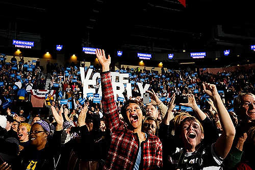 First place, Student Photographer of the Year - Meg Roussos / Ohio University Alexis Wokocha reacts to Bill Clinton coming on stage at Covelli Centre in Youngstown during a Biden rally.