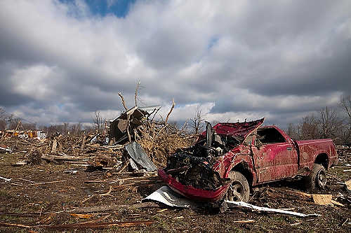 Third place, Student Photographer of the Year - Coty Giannelli / Kent State UniversityA mangled truck and what is left of a house sit in a yard a day after an EF-4 tornado ripped through Marysville, Indiana.