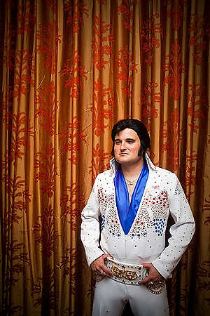 Award of Excellence, Student Photographer of the Year - Meg Vogel / Ohio UniversityJim Forshey, of Parkersburg, West Virginia, poses for a portrait, after performing at a wedding reception in Vienna, WV. He is a second generation Elvis tribute artist, who enjoys singing Elvis's songs from his concert series in the 1970s. 