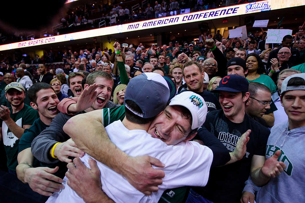 Second place, Sports Picture Story - Joel Hawksley / Ohio UniversityOhio's Ivo Baltic hugs his father, Alojz Baltic, after the Bobcats' 64-63 win over Akron for the MAC championship and a spot in the NCAA tournament at Quicken Loans Arena in Cleveland, Ohio.