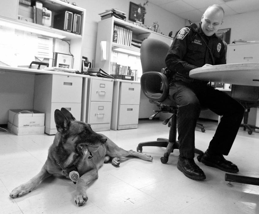 Award of Excellence, Feature Picture Story - Barbara Perenic / Springfield News-SunOfficer Mike Fredendall of the Springfield Police Division does paperwork at the beginning of his shift while K-9 officer Rambo plays with a favorite ball. Rambo was the department's first K-9 officer, a dual-purpose dog trained for narcotics and tracking. He was successful on the job and popular with the community. The department planned to raise funds for a second K-9 officer. In early 2013, Rambo succumbed to cancer. His partner Mike Fredendall dealt with his grief while training with a new dog in the spring. 