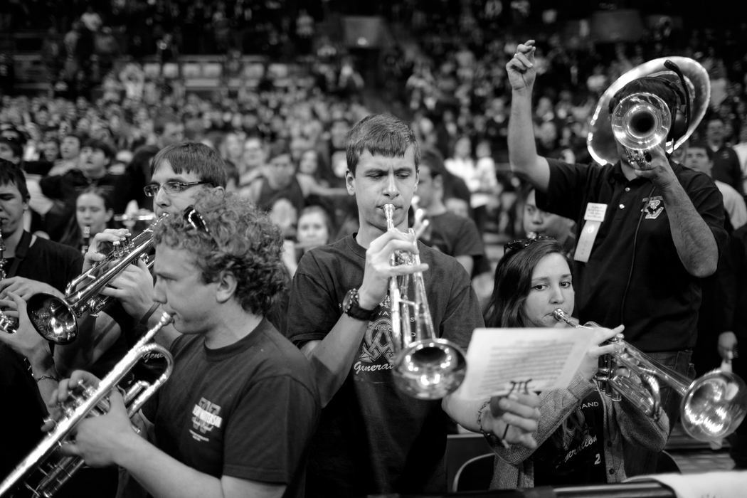 First Place, Photographer of the Year - Small Market - Joshua A. Bickel / ThisWeek Community NewsThe Bishop Watterson pep band plays the school's alma mater during the Division II State Championship Final Mar. 23, 2013 at Value City Arena in Columbus, Ohio.