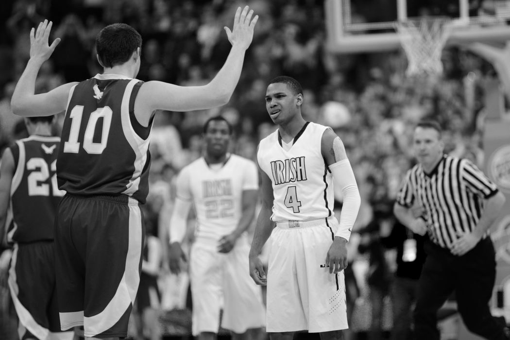 First Place, Photographer of the Year - Small Market - Joshua A. Bickel / ThisWeek Community NewsSt. Vincent-St. Mary's Fransohn Bickley (4) confronts Watterson's Andy Grieser (10) after pushing him at the end of the first half of Watterson's state final against Akron St. Vincent-St. Mary Mar. 23, 2013 at Value City Arena in Columbus, Ohio.