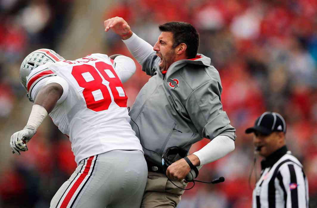 Second Place, Ron Kuntz Sports Photographer of the Year - Adam Cairns / The Columbus DispatchOhio State defensive line coach Mike Vrabel congratulates defensive lineman Steve Miller (88) after making a tackle for a loss during the fourth quarter of the NCAA football game against Purdue at Ross-Ade Stadium in West Lafayette, Ind. on Nov. 2, 2013.