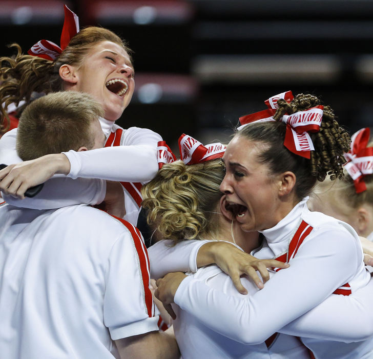 Third Place, Ron Kuntz Sports Photographer of the Year - Jabin Botsford / Western Kentucky UniversityCheerleaders celebrate after winning a first place at the KHSAA Competitive Cheer Championships on Saturday, Feb. 23, 2013, at E.A. Diddle Arena is Bowling Green, Ky.