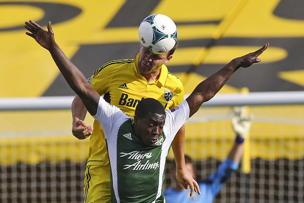 Second Place, Student Photographer of the Year - Alex Holt / University of KentuckyCrew defender Chad Marshall wins the ball out of the air over Timbers forward Jose Valencia during the second half of play Sunday afternoon, July 7, 2013. The Crew top the Timbers 1-0 despite missing a penalty kick and playing a man up on the Timbers after Portland received a red card. 