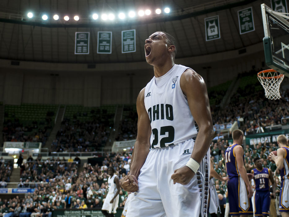 Third Place, Student Photographer of the Year - Logan Riely / Ohio UniversityOhio University point guard Stevie Taylor celebrates after making a last second layup and getting fouled in the process to put the Bobcats ahead of Northern Iowa at halftime during the men’s basketball season opener held at the Convocation Center on Nov. 9, 2013, in Athens, Ohio. The Bobcats ultimately came out victorious 75-64 over the Panthers.