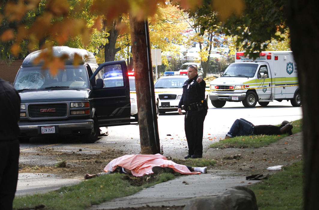 First Place, Spot News - Small Market - Robert K. Yosay / The (Youngstown) VindicatorA police officer directs emergency crews at the scene of a fatal pedestrian accident as the driver lays on the median feet from the pedestrian he ran down