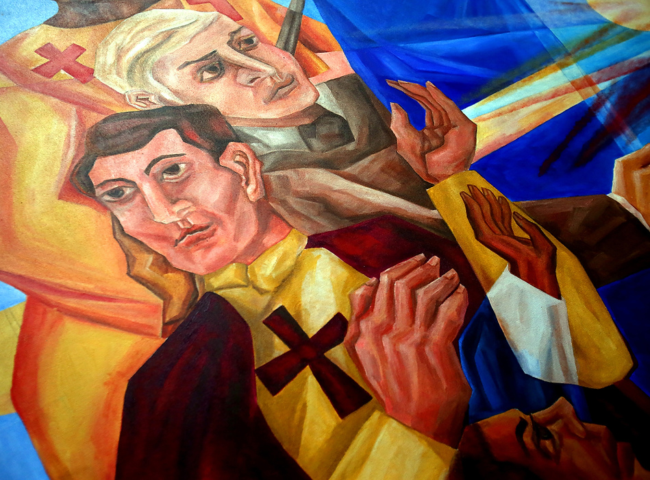 Award of Excellence, Feature Picture Story - Lisa DeJong / The Plain DealerMother Mary Thomas is heavily influenced by Mexican Muralism and cubism. This is a portion of the vivid mural titled  "Our Lady of the Blessed Sacrament and the Communion of Saints".  After World War I, the Mexican Muralism style evolved with the intent of creating public art as visual narrative, especially as a means of social commentary and historical perspective.  