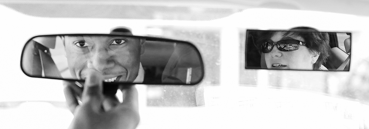 Third Place, Photographer of the Year - Large Market - Andy Morrison / The (Toledo) BladeMike Jordan, 17, a junior at Emmanuel Christian School, adjusts his rear view mirror as he prepares to go for a driving lesson with All Star Driver Education instructor Jennifer Kelly at the Frederick Douglass Center.  A new program pays for central city youth to obtain their drivers license. 