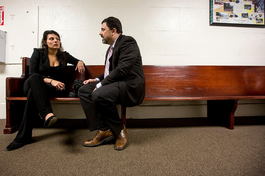 First Place, Photographer of the Year - Small Market - Jessica Phelps / Newark AdvocateCourt appointed attorney, Bryan Bowen, explains the felony 3 charge Michele is facing and the possible outcomes before entering her plea of not guilty. Michele was charged with possession for 3.2 grams of methamphetamine that fell from her pants in May in front of her parole officer. This occurred before she had committed to her recovery from addiction.