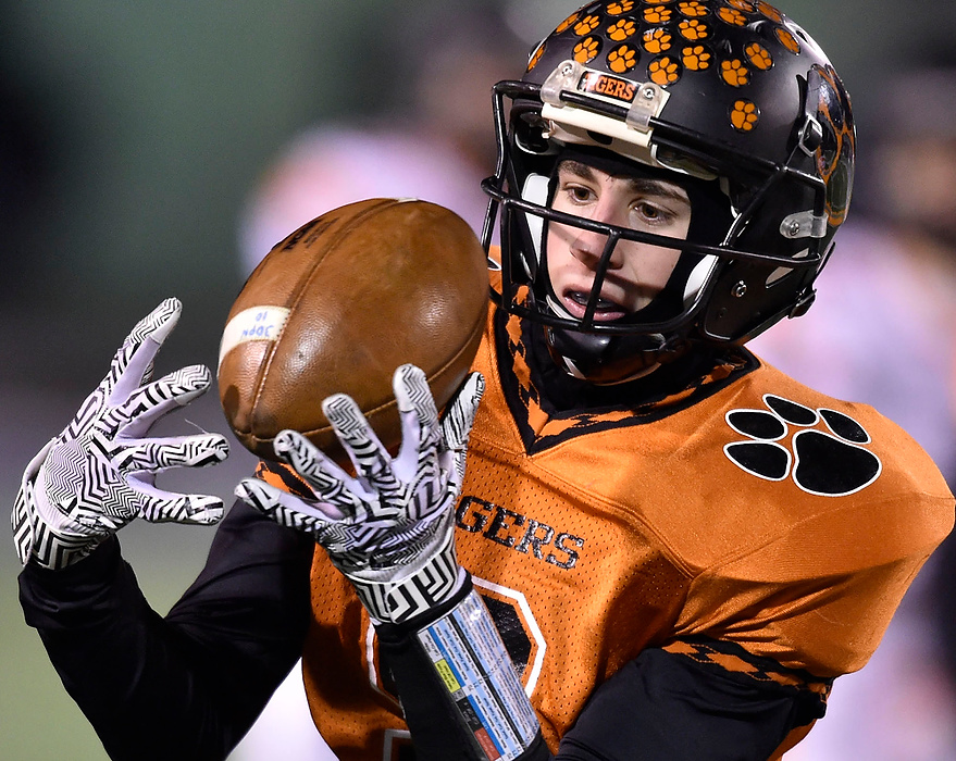 Third Place, Photographer of the Year - Small Market - Bill Lackey / Springfield News-SunWest Liberty-Salem's Trent Thomas catches a pass for a Tigers first down during their playoff game against Minster Friday in Piqua. 