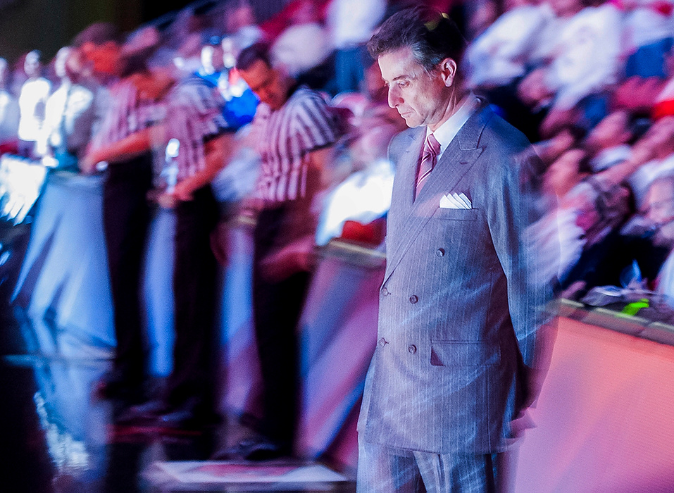 First Place, Student Photographer of the Year - Logan Riely / Ohio UniversityUniversity of Louisville head coach Rick Patino takes time to think about their game against Memphis moments before tipoff in the KFC Yum! Center.