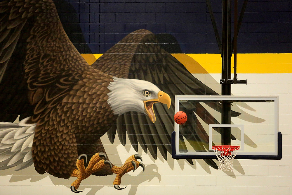 First Place, Pictorial - Kurt Steiss / The BladeAn eagle mural on the wall appears like it's trying to eat the basketball during warmups before a high school girls basketball game between Danbury at Toledo Christian at Toledo Christian in Toledo.