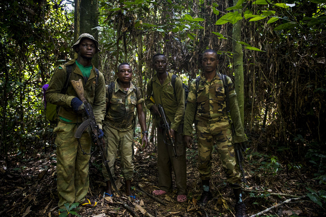 First Place, Photographer of the Year - Large Market - Meg Vogel / The Cincinnati EnquirerA group of eco-guards stop on the elephant trail to Goualougo Triangle for a portrait. The men were dispatched, after Ron Evans heard two gunshots in the middle of the night. The park employs has about 50 eco-guards to patrol the forest. 