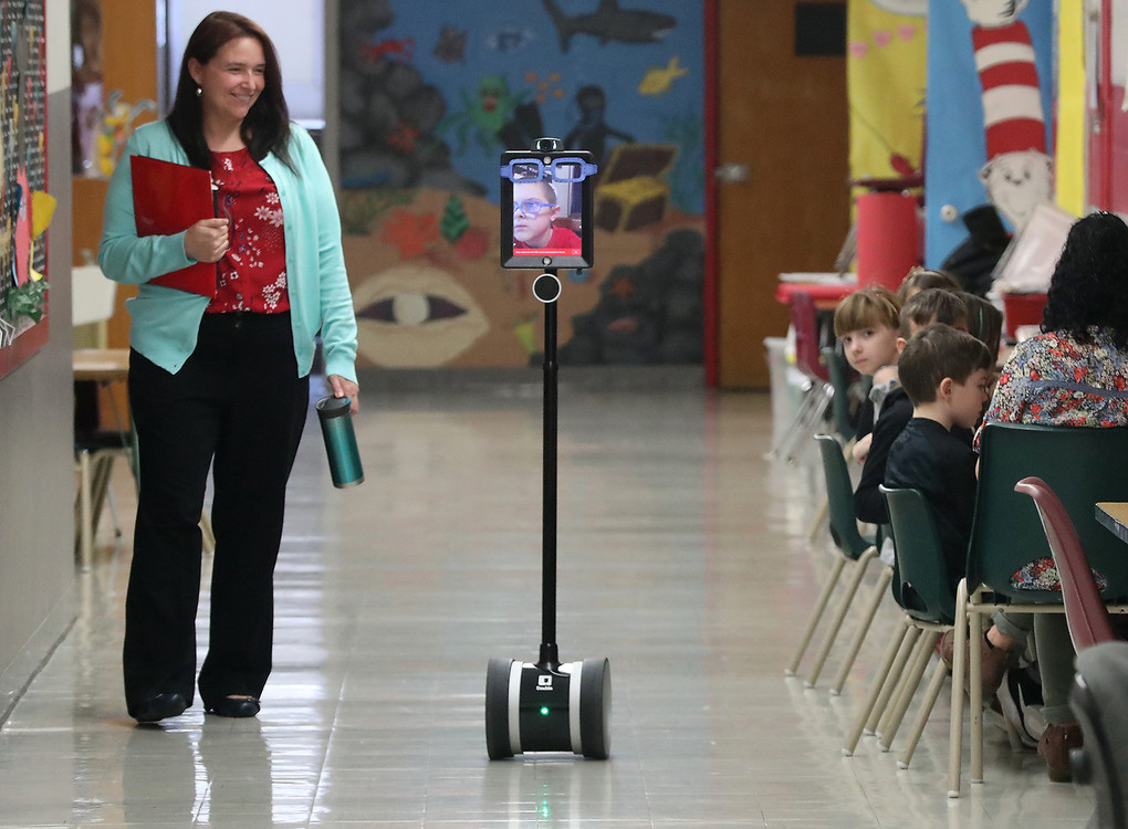 Second Place, Photographer of the Year - Small Market - Bill Lackey / Springfield News-SunThanks to a robot designed by the Ohio State University engineering department, Levi Suttles, 6, is still able to attend school at Miami View School in South Charleston despite battling leukemia. The robot allows Levi to move around and interact with his class from a computer at home. 