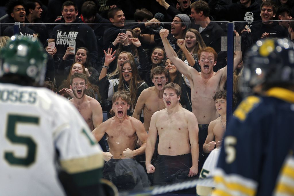 First Place, Ron Kuntz Sports Photographer of the Year - Kyle Robertson / The Columbus DispatchDublin Jerome student section cheers after Dublin Jerome's Nick Augenstein (3) scored a goal against Cleveland St. Ignatius during the Ohio High School State Hockey Championship game at Nationwide Arena on March 9, 2019.  