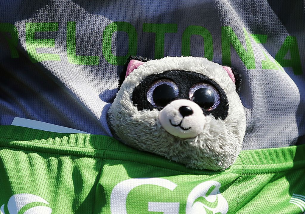 First Place, Ron Kuntz Sports Photographer of the Year - Kyle Robertson / The Columbus DispatchKristen Huemer brings along, Rocco the Raccoon, during her ride at the rest stop in Granville during the 11th Pelotonia on August 3, 2019.  Rocco the Raccoon was her friends, who lost a battle with cancer at the age of 38 in 2016.  This is the 4th time she has taken Rocco on her Pelotonia ride.
