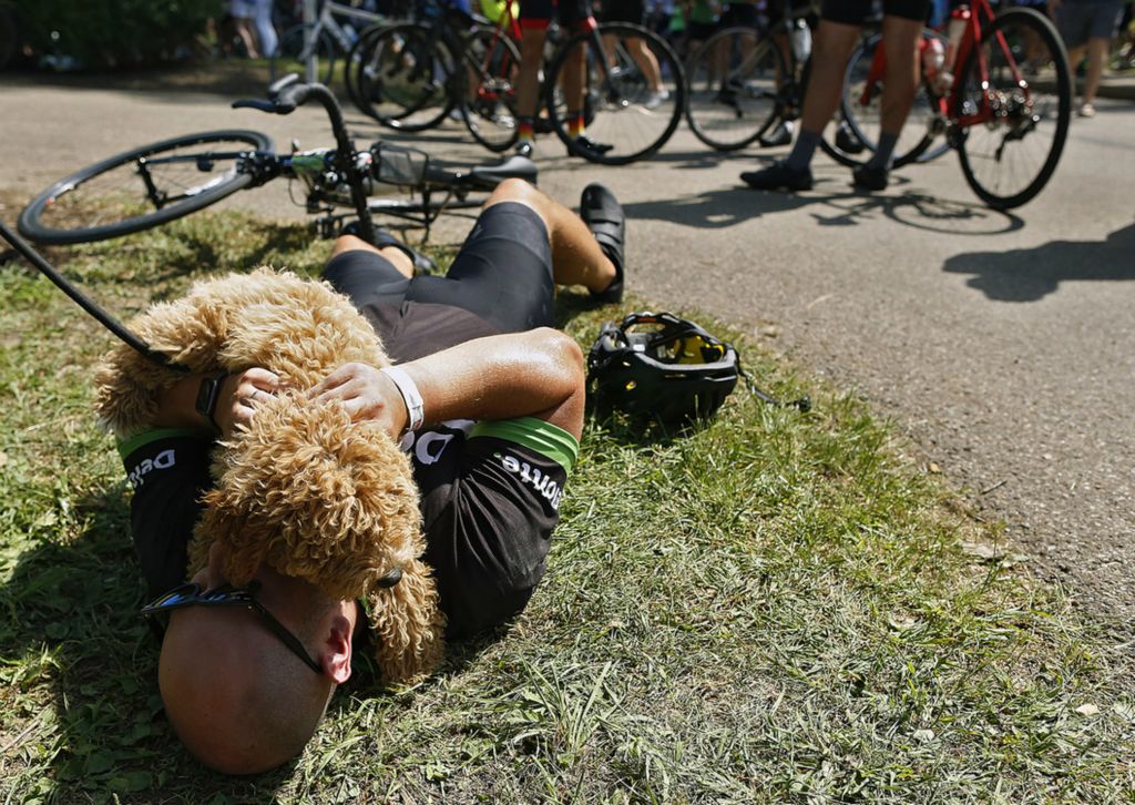 First Place, Ron Kuntz Sports Photographer of the Year - Kyle Robertson / The Columbus DispatchDevin Verhoff gets kisses from his dog Riley after crossing the finish line at Kenyon College during the 11th Pelotonia in Gambier, Ohio on August 3, 2019.