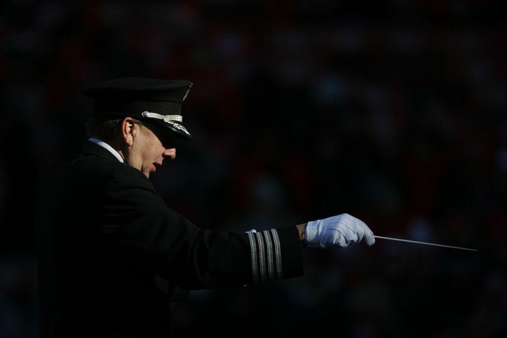 Second Place, Ron Kuntz Sports Photographer of the Year - Joshua A. Bickel / The Columbus DispatchOhio State University Marching Band director Christopher Hoch conducts the band during the fourth quarter of a NCAA Division I college football game between the Ohio State Buckeyes and the Maryland Terrapins on Saturday, November 9, 2019 at Ohio Stadium in Columbus, Ohio.
