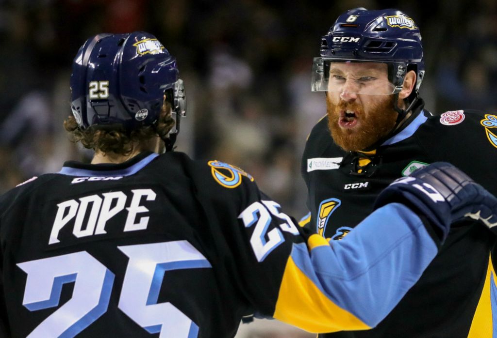 Award of Excellence, Ron Kuntz Sports Photographer of the Year - Kurt Steiss / The BladeSummary: The Toledo Walleye made it to the 2019 ECHL  Kelly Cup finals, but after an exciting run they returned to Toledo from Newfoundland empty-handed after the Newfoundland Growlers clenched the playoff title. Toledo's Kevin Tansey (6), right, celebrates his first period goal with teammate David Pope (25) during the first game of the ECHL Western Conference finals series of Kelly Cup playoffs between the Toledo Walleye and Tulsa Oilers at the Huntington Center in Toledo on Friday, May 10, 2019. 