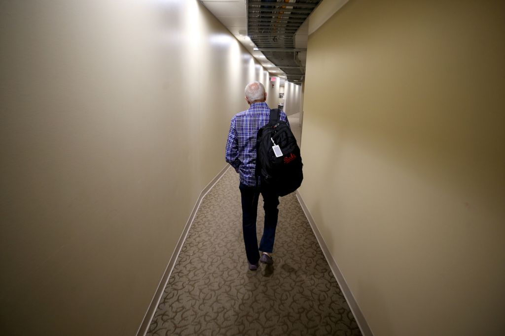 Third Place, Sports Picture Story - Kareem Elgazzar / The Cincinnati Enquirer, “Marty Brennaman's Last Day”Cincinnati Reds Hall of Fame broadcaster Marty Brennaman walks through the hallway to the 700 WLW radio booth on his last day before he retires, Thursday, Sept. 26, 2019, at Great American Ball Park in Cincinnati. Brennaman called Reds games for 46 years. 