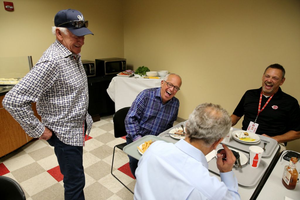 Third Place, Sports Picture Story - Kareem Elgazzar / The Cincinnati Enquirer, “Marty Brennaman's Last Day”Cincinnati Reds Hall of Fame broadcaster Marty Brennaman, center, shares a laugh during lunch with Milwaukee Brewers play-by-play broadcaster Bob Uecker, left, 700 WLW radio producer Dave Armbruster, right, and his son, Thom, on his last day before he retires after 46 years in the booth, Thursday, Sept. 26, 2019, at Great American Ball Park in Cincinnati. 
