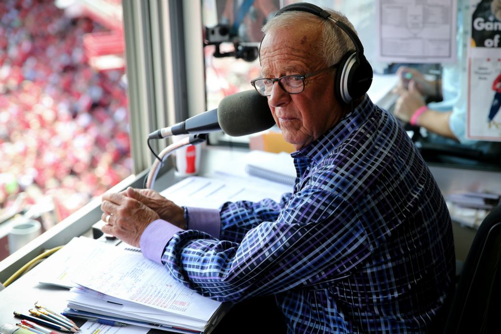 Third Place, Sports Picture Story - Kareem Elgazzar / The Cincinnati Enquirer, “Marty Brennaman's Last Day”Cincinnati Reds Hall of Fame broadcaster Marty Brennaman calls the game in the fourth inning on his last day before he retires after 46 years in the booth, Thursday, Sept. 26, 2019, at Great American Ball Park in Cincinnati. 
