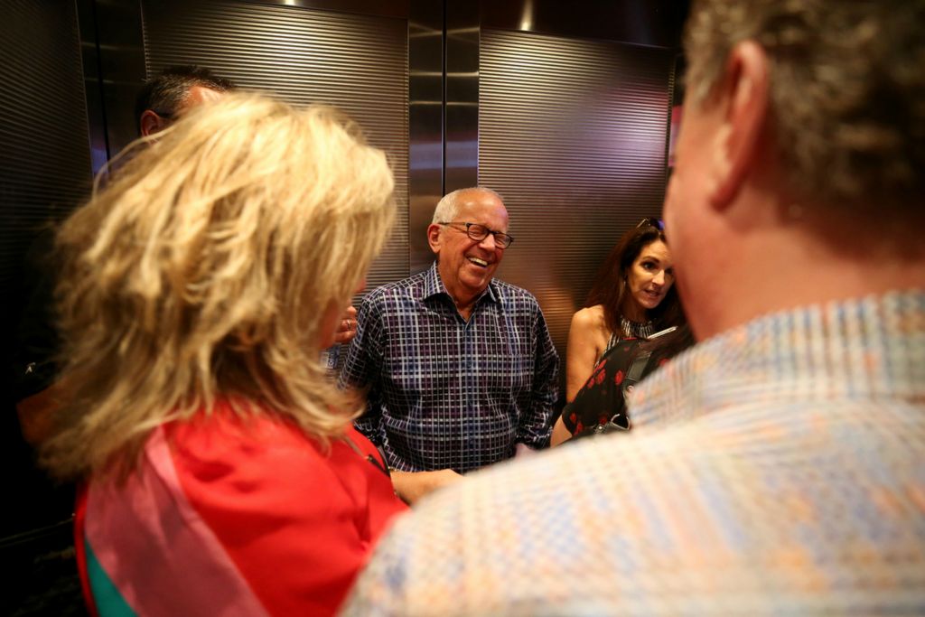Third Place, Sports Picture Story - Kareem Elgazzar / The Cincinnati Enquirer, “Marty Brennaman's Last Day”Cincinnati Reds Hall of Fame broadcaster Marty Brennaman, center, shares a laugh with wife Amanda, left, and color analyst Jeff Brantley, right, while riding down the elevator to postgame ceremonies at the conclusion of his on his last day in the radio booth, Thursday, Sept. 26, 2019, at Great American Ball Park in Cincinnati. Brennaman called Reds games for 46 years. 