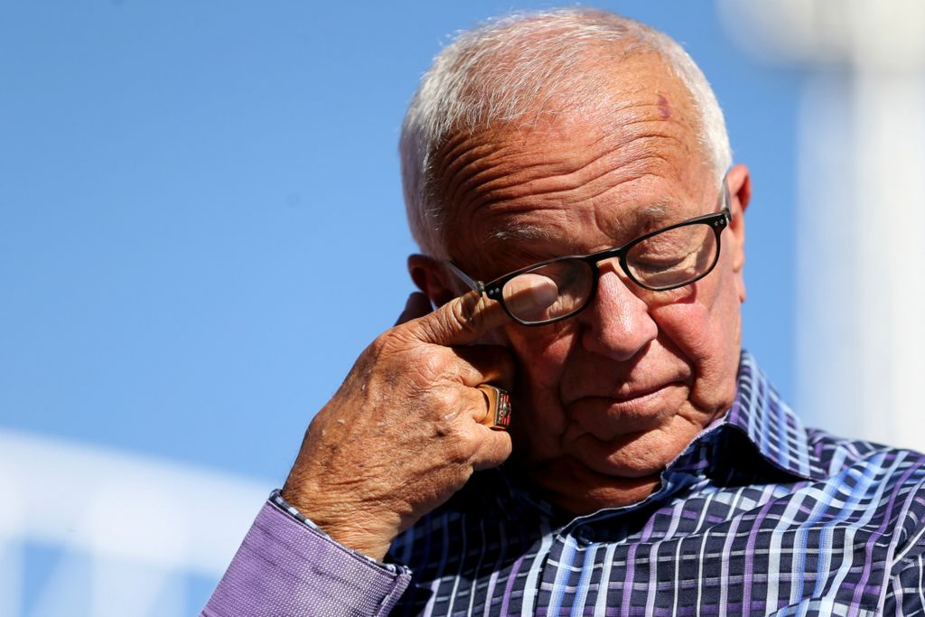 Third Place, Sports Picture Story - Kareem Elgazzar / The Cincinnati Enquirer, “Marty Brennaman's Last Day”Cincinnati Reds Hall of Fame broadcaster Marty Brennaman wipes away tears during postgame ceremonies commemorating his retirement after 46 years in the booth, Thursday, Sept. 26, 2019, at Great American Ball Park in Cincinnati. 