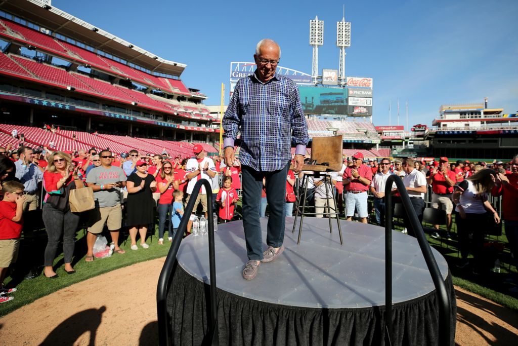 Third Place, Sports Picture Story - Kareem Elgazzar / The Cincinnati Enquirer, “Marty Brennaman's Last Day”Cincinnati Reds Hall of Fame broadcaster Marty Brennaman steps off the stage surrounded by family and fans at the conclusion of postgame ceremonies commemorating his retirement after 46 years in the booth, Thursday, Sept. 26, 2019, at Great American Ball Park in Cincinnati. 